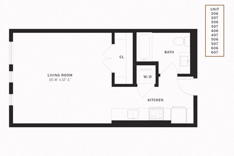 Floor plan for studio, 1 bath, 578 sqft